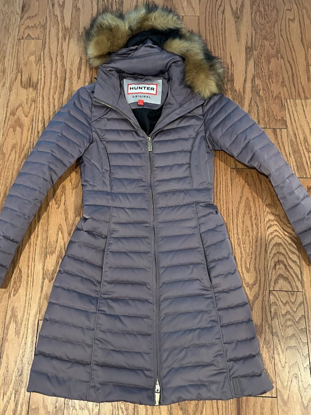 HUNTER ORIGINAL Purple Grey Insulated Down Puffer Parka Faux Fur Hood Jacket XS